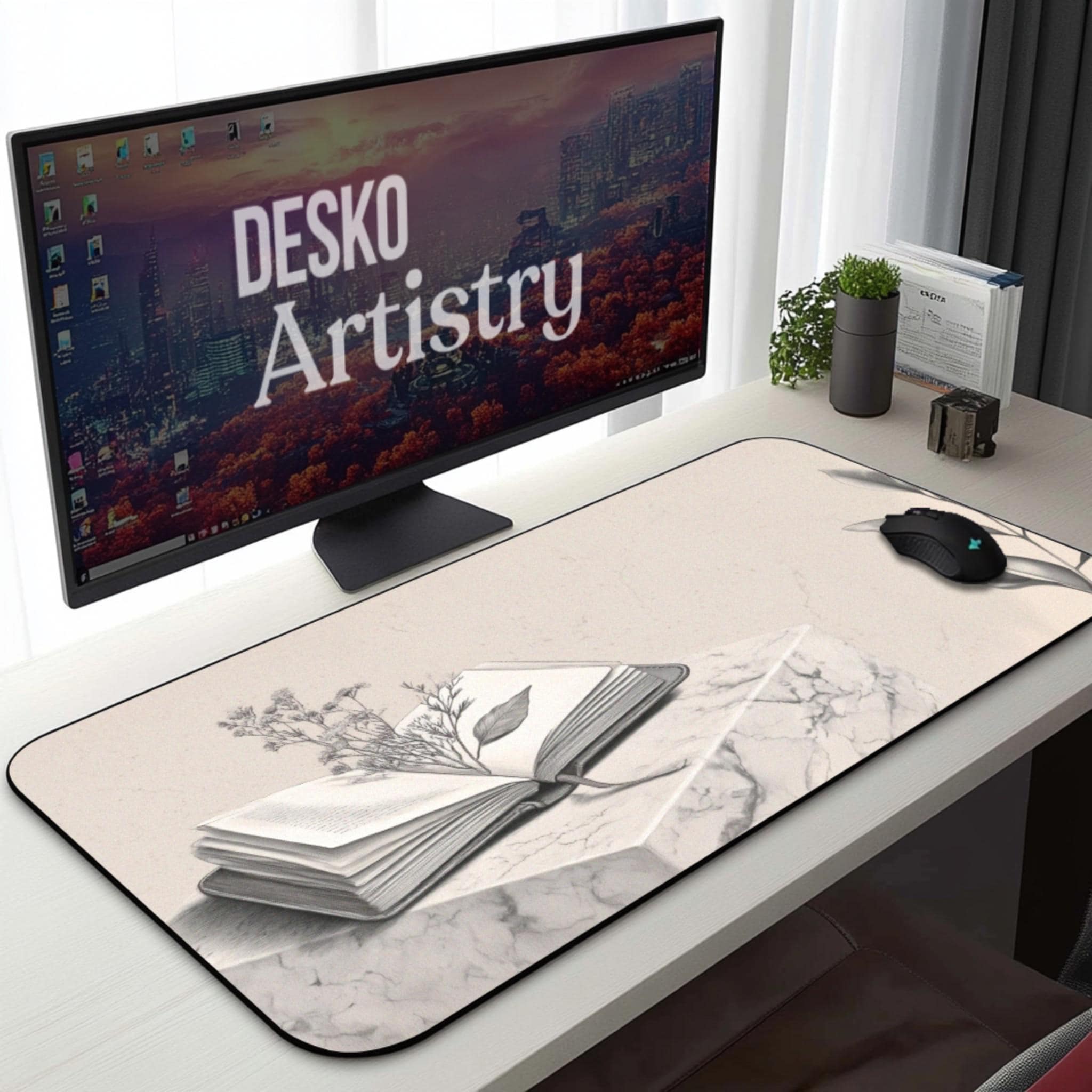 Cottagecore Journal Book Desk Mat | Monochrome Aesthetic Marble Mouse Pad | Herbarium Academic Theme Decor