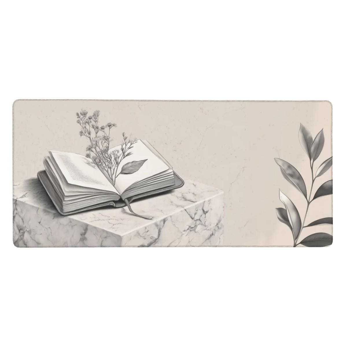 Cottagecore Journal Book Desk Mat | Monochrome Aesthetic Marble Mouse Pad | Herbarium Academic Theme Decor