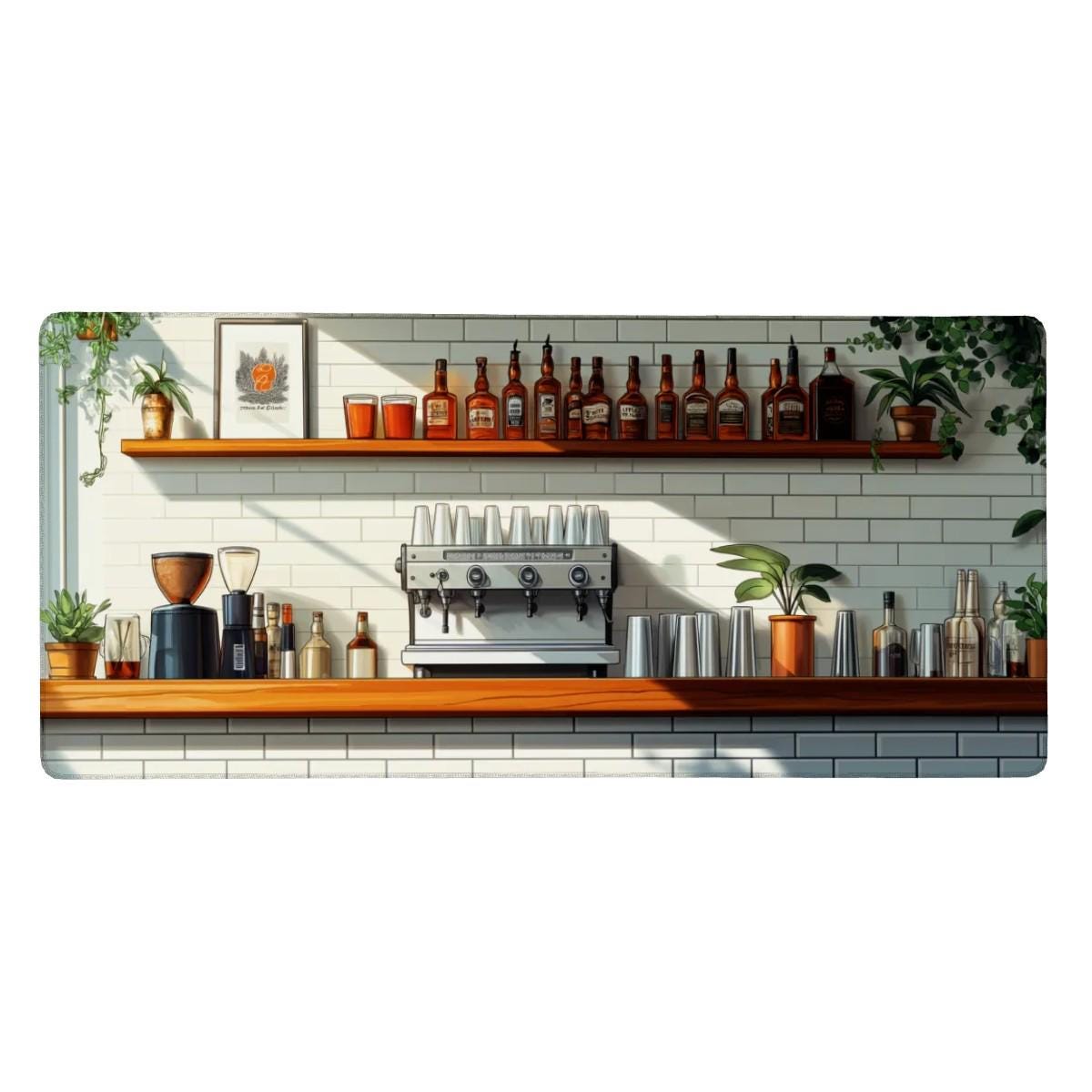 Coffee Bar Desk Mat | White Tile Cafe, Cocktail Bar Desk Pad