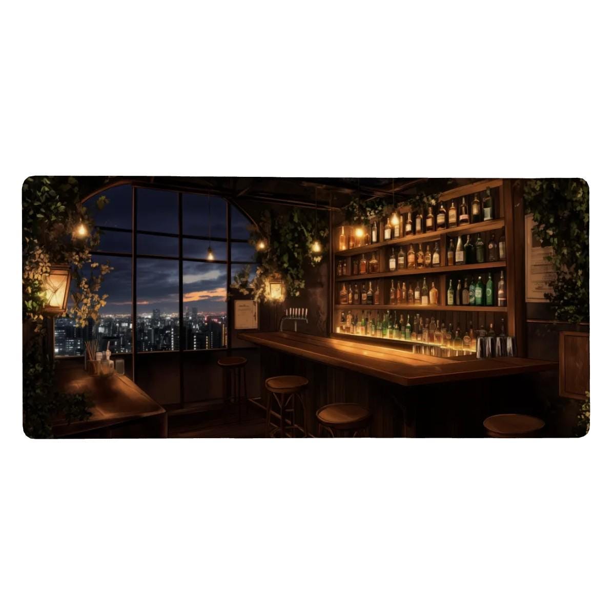 City Night Bar Night Scene Desk Mat | Moody Cocktail Lounge, Dark Urban Nightscape Mouse Pad