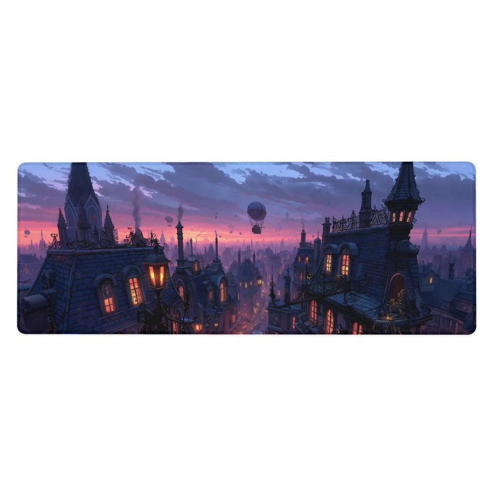 Gaslamp Fantasy City Skyline Desk Mat | Victorian Rooftop Mouse Pad | Large Steampunk Desk Pad