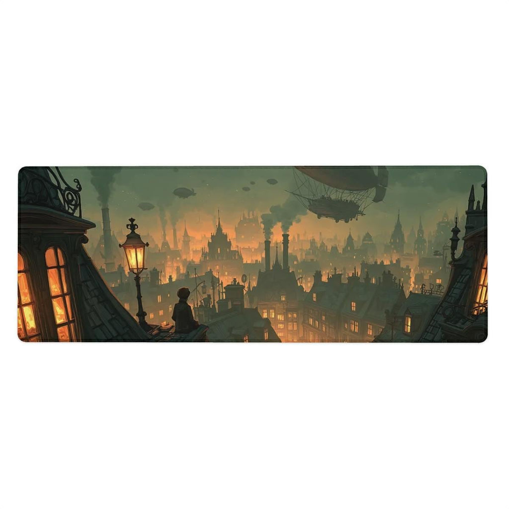 Fantasy City Skyline Desk Mat | Victorian Rooftops, Airships | Moody Steampunk Urban Landscape | Cinematic Dark Academia Desk Decor