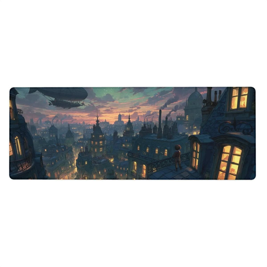 Fantasy Rooftop Desk Mat | Victorian Steampunk Skyline Mouse Pad | Blue Night Sky Cityscape Desk Pad for Gaming & Cozy Office
