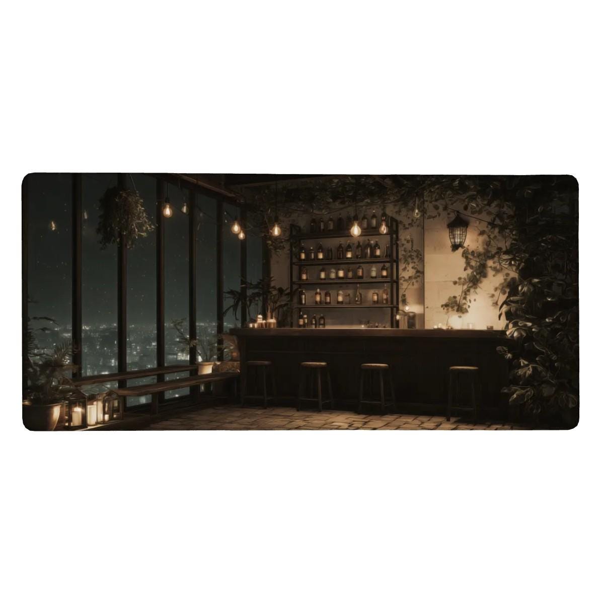Rooftop Bar Desk Mat | Cityscape Mouse Pad,  Lofi Anime Comic Illustration with a Cozy Vibe