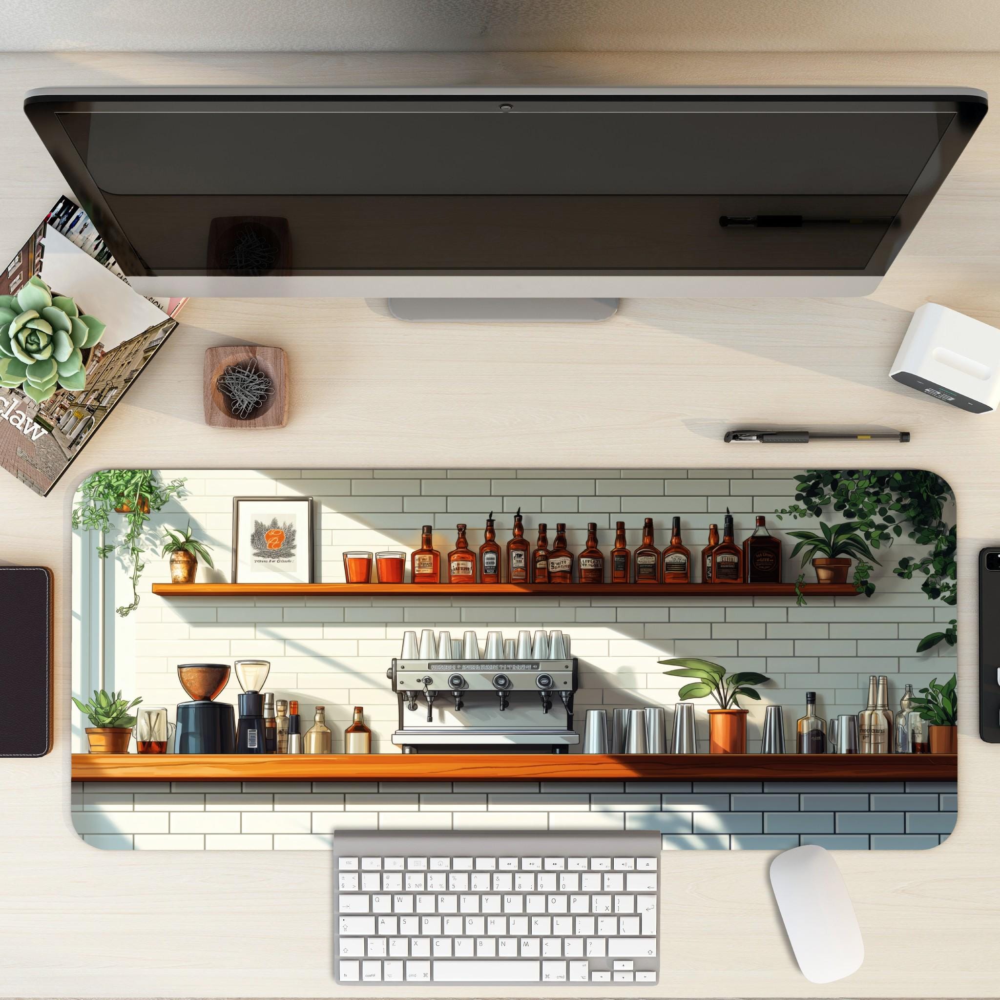 Coffee Bar Desk Mat | White Tile Cafe, Cocktail Bar Desk Pad