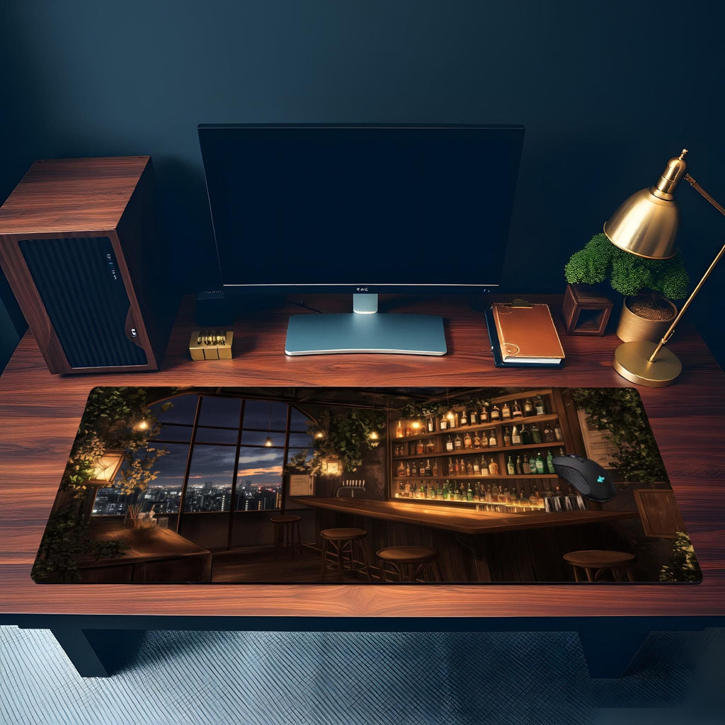 City Night Bar Night Scene Desk Mat | Moody Cocktail Lounge, Dark Urban Nightscape Mouse Pad