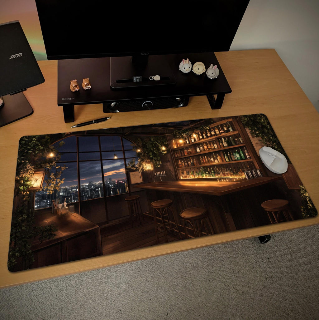 City Night Bar Night Scene Desk Mat | Moody Cocktail Lounge, Dark Urban Nightscape Mouse Pad