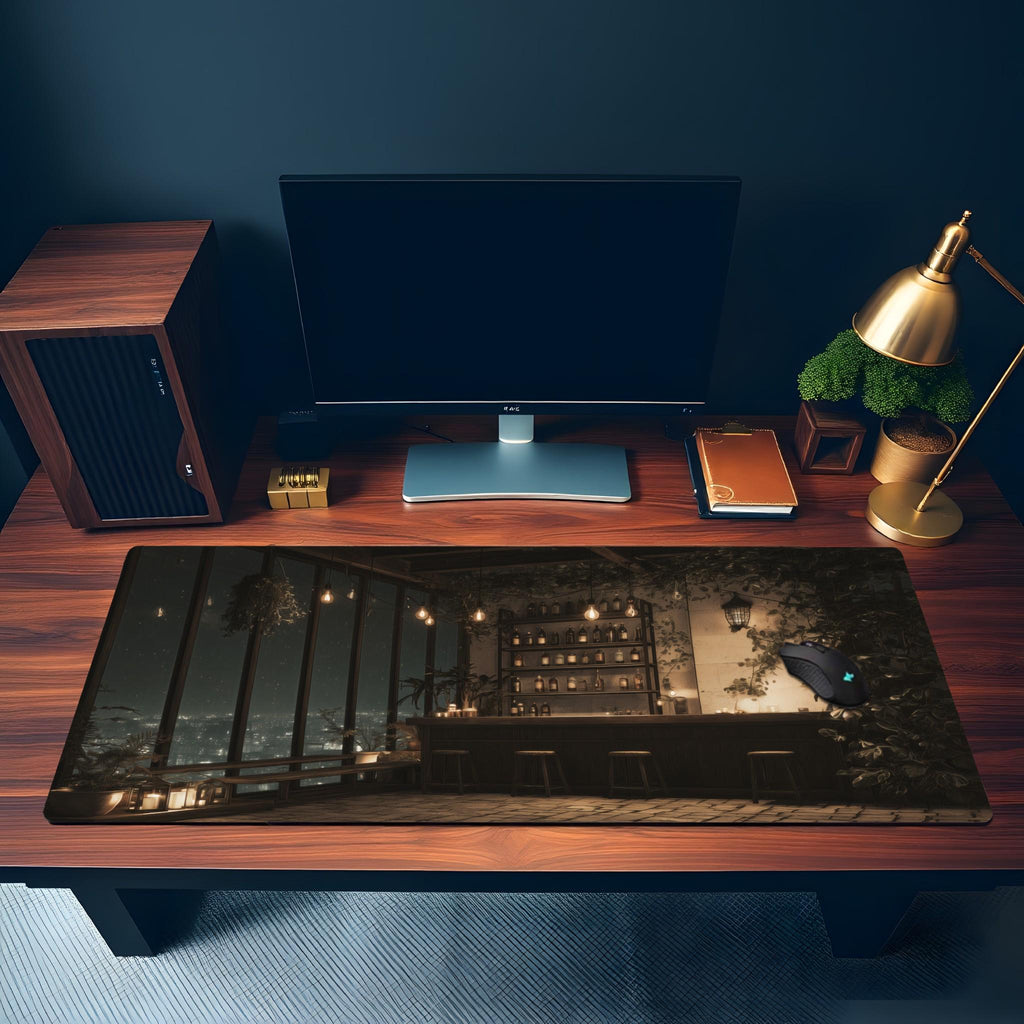 Rooftop Bar Desk Mat | Cityscape Mouse Pad,  Lofi Anime Comic Illustration with a Cozy Vibe
