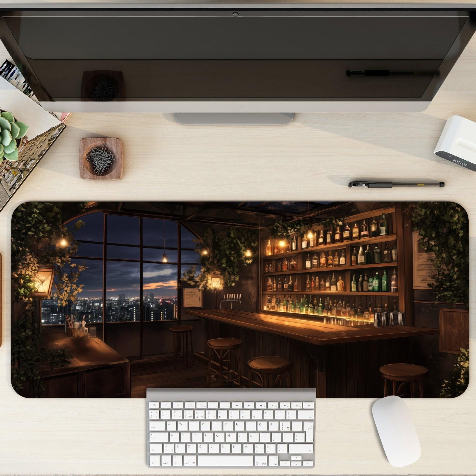 City Night Bar Night Scene Desk Mat | Moody Cocktail Lounge, Dark Urban Nightscape Mouse Pad