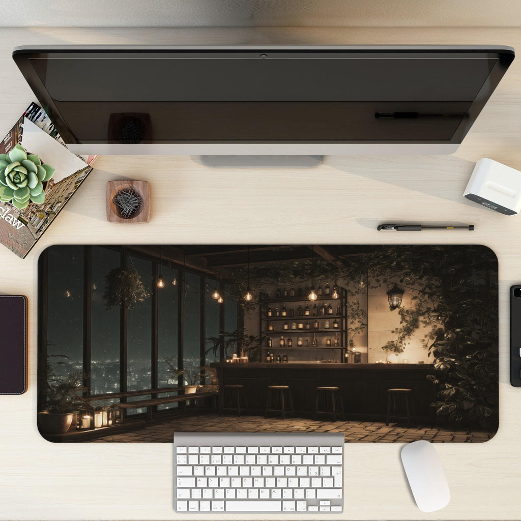 Rooftop Bar Desk Mat | Cityscape Mouse Pad,  Lofi Anime Comic Illustration with a Cozy Vibe