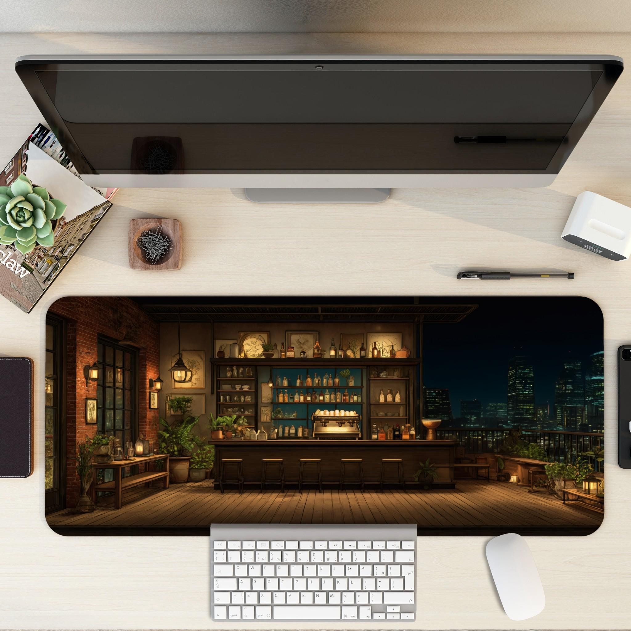 Cozy City Cafe Bar Desk Mat | Warm Amber, Vintage Desk Pad | Urban Night Cityscape Decor