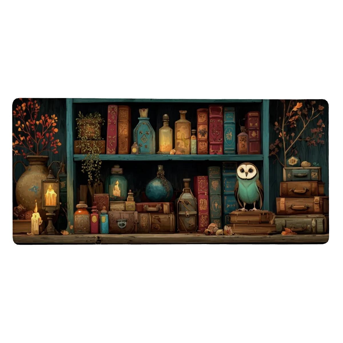 Witchy Bookshelf Desk Mat | Dark Cottagecore Owl, Potion Mouse Pad, Dark Academia
