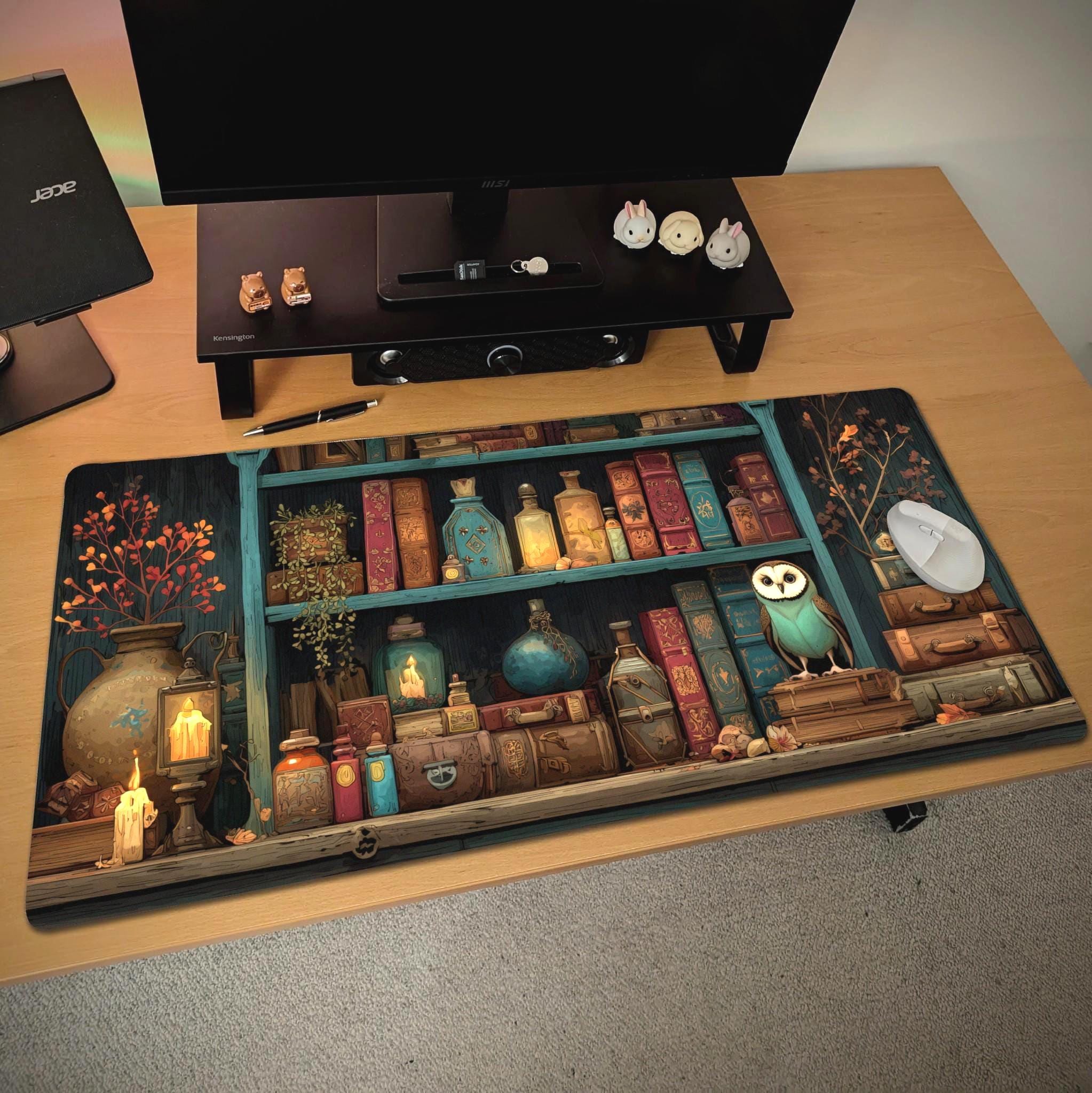 Witchy Bookshelf Desk Mat | Dark Cottagecore Owl, Potion Mouse Pad, Dark Academia