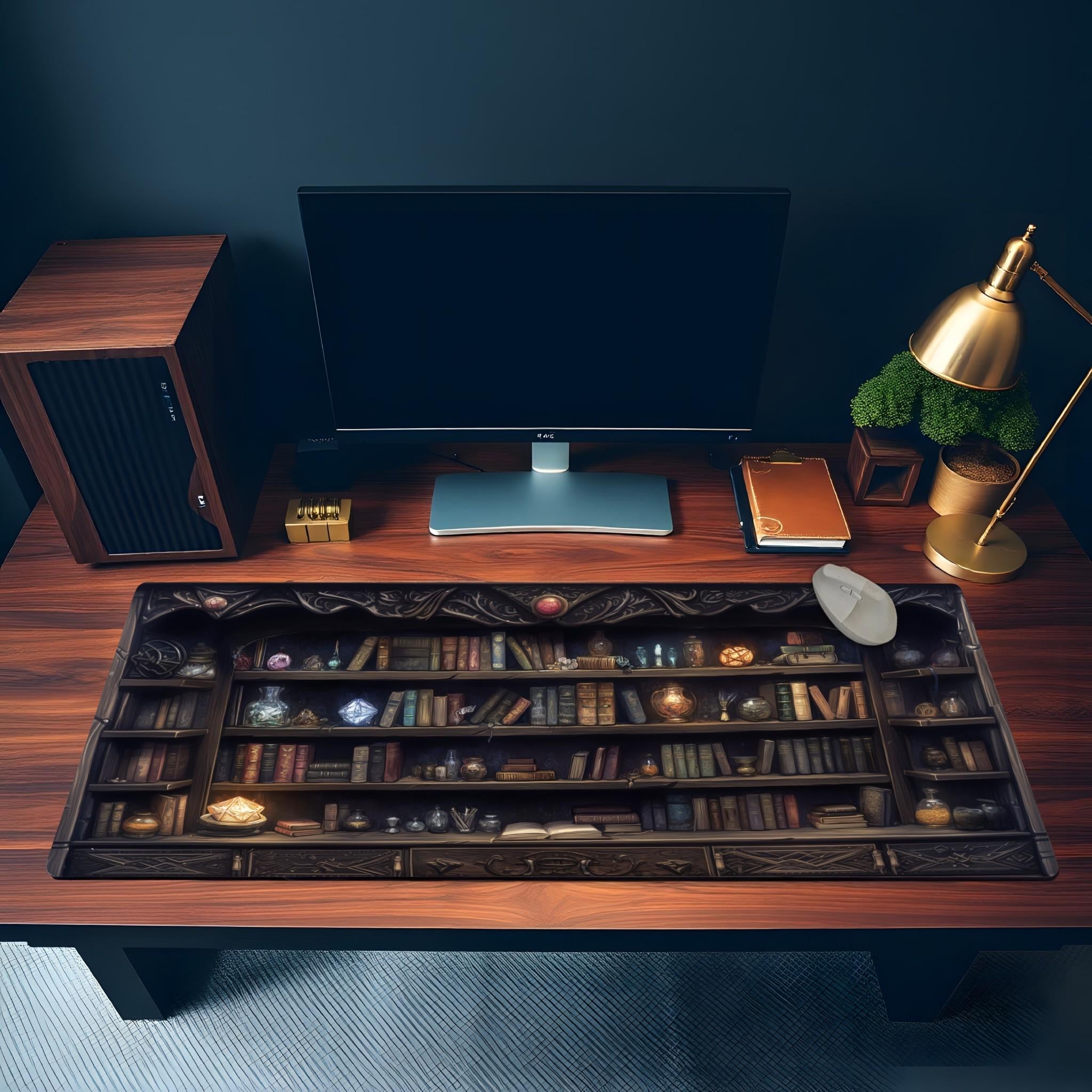Spellbook Library Desk Mat | Magical Bookshelf Mouse Pad, Wizard Desk Pad | Dark Academia Fantasy