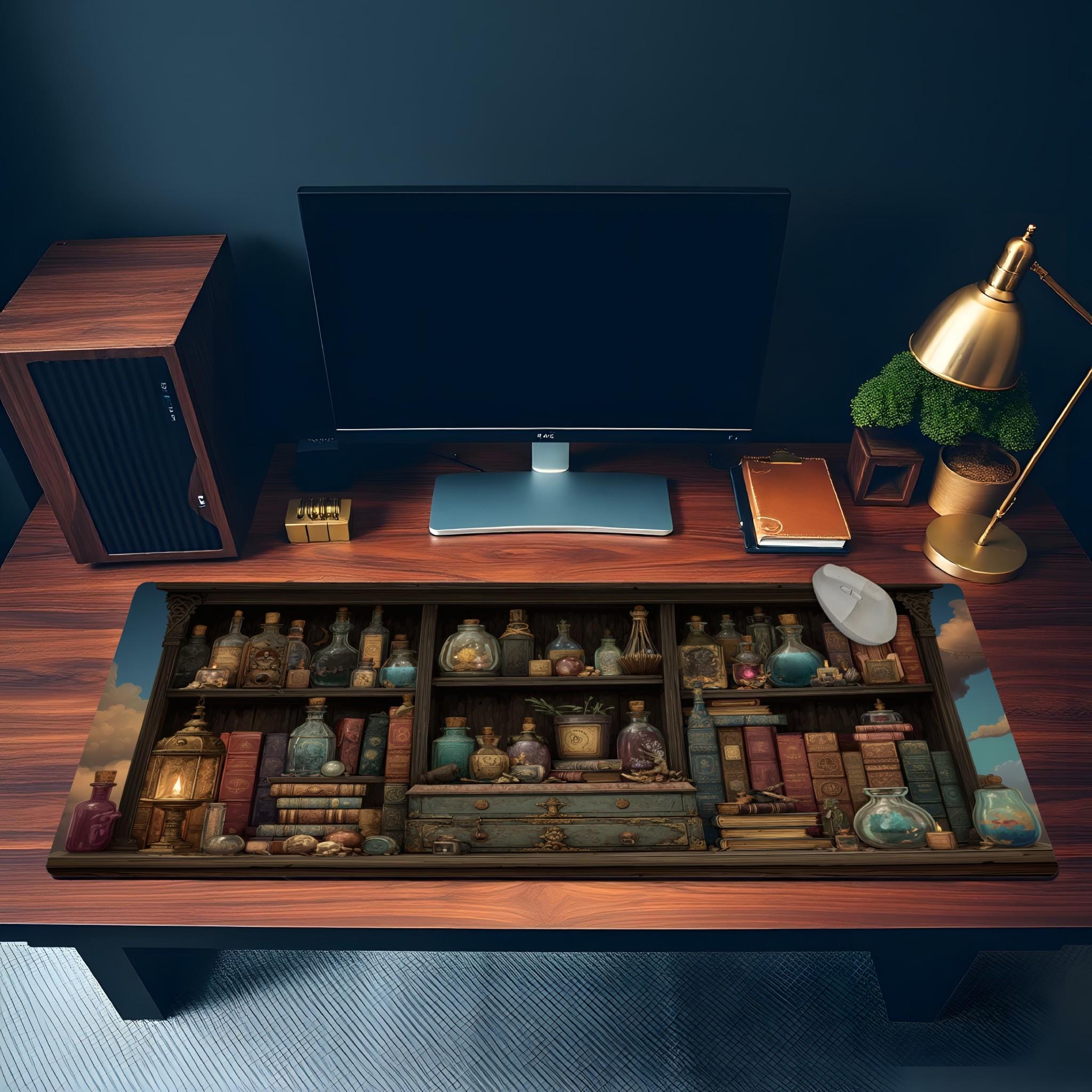 Apothecary Spell Shelf Desk Mat | Dark Fantasy Potion Bookshelf Mouse Pad | Witchcore & Cottagecore Decor
