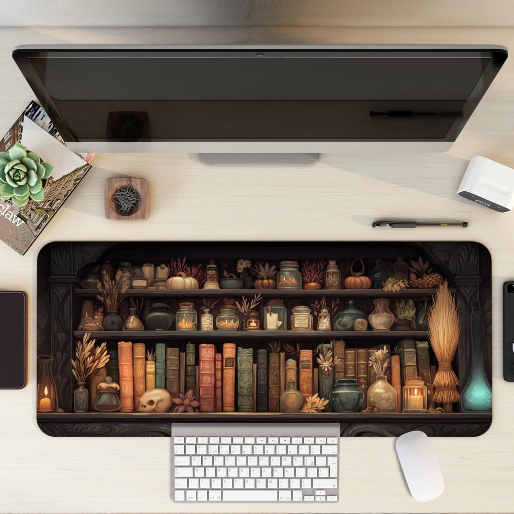 Witchy Apothecary Desk Mat | Dark Academia, Mystical Bookshelf Desk Pad