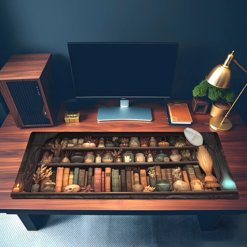 Witchy Apothecary Desk Mat | Dark Academia, Mystical Bookshelf Desk Pad