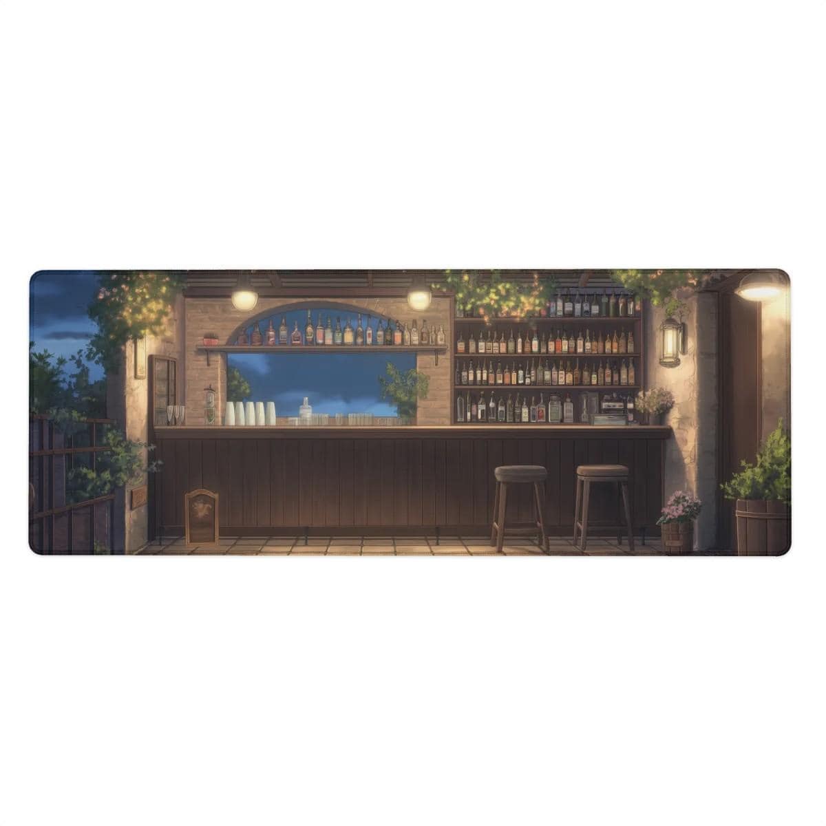 Lofi Garden Bar Desk Mat – Cozy Night Terrace Mouse Pad, Japanese Anime Aesthetic Desk Pad for Gaming, Work Space