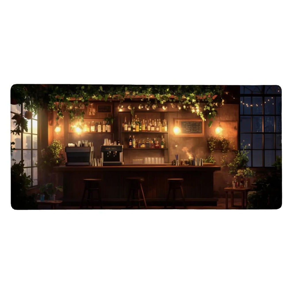 Cozy Bar Desk Mat | Nostalgic Lofi Cafe Mouse Pad, Garden Nighscape Decor