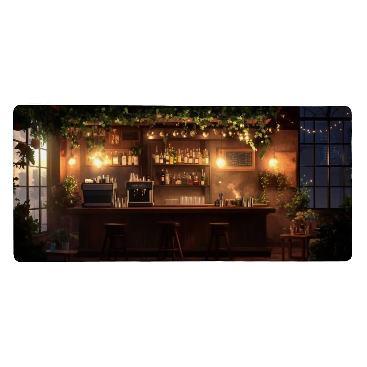Cozy Bar Desk Mat | Nostalgic Lofi Cafe Mouse Pad, Garden Nighscape Decor