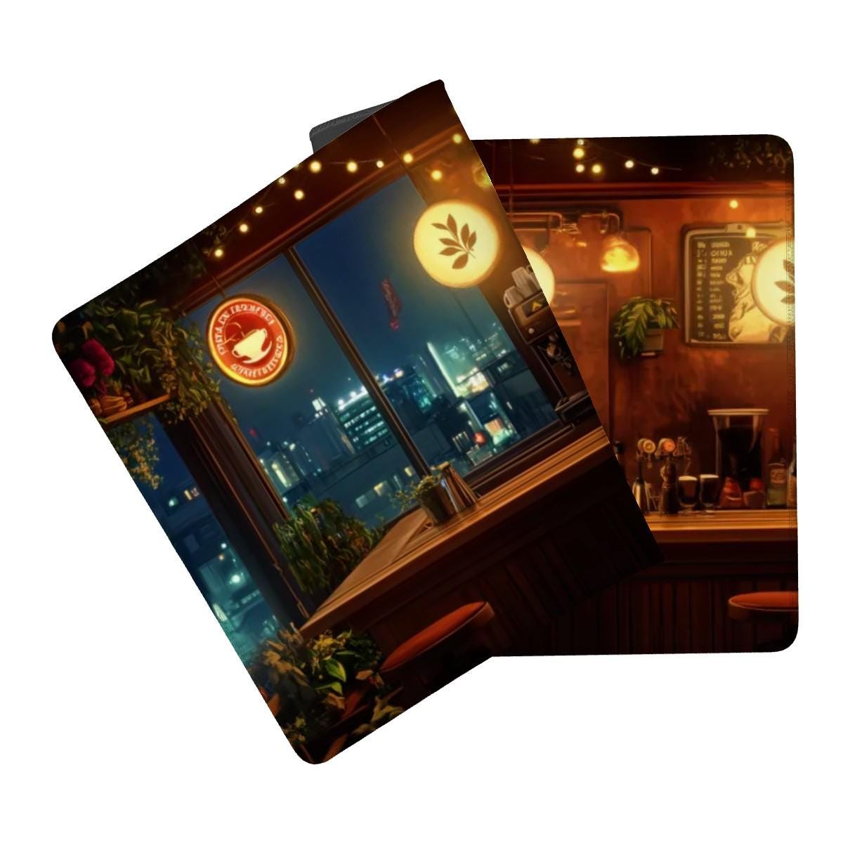 Night City Cafe Bar Desk Mat – Aesthetic Coffee Bar Mouse Pad, Cozy Cityscape Desk Pad for Gaming, Work, and Home Office Setup