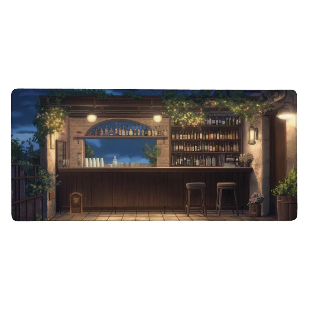 Lofi Garden Bar Desk Mat – Cozy Night Terrace Mouse Pad, Japanese Anime Aesthetic Desk Pad for Gaming, Work Space