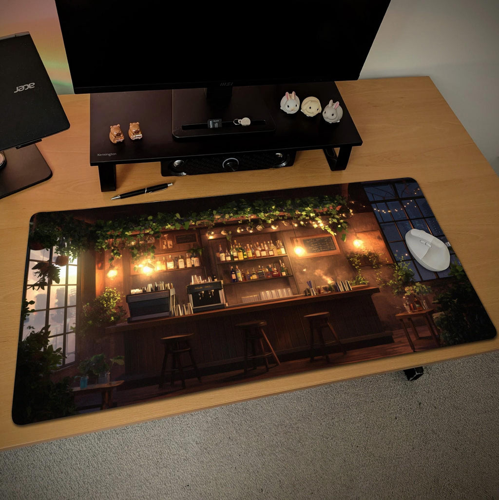 Cozy Bar Desk Mat | Nostalgic Lofi Cafe Mouse Pad, Garden Nighscape Decor