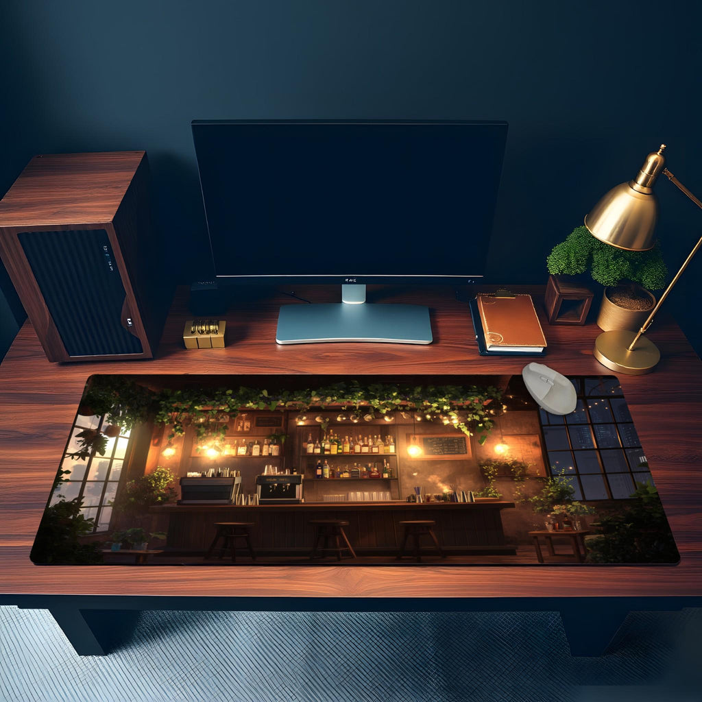 Cozy Bar Desk Mat | Nostalgic Lofi Cafe Mouse Pad, Garden Nighscape Decor