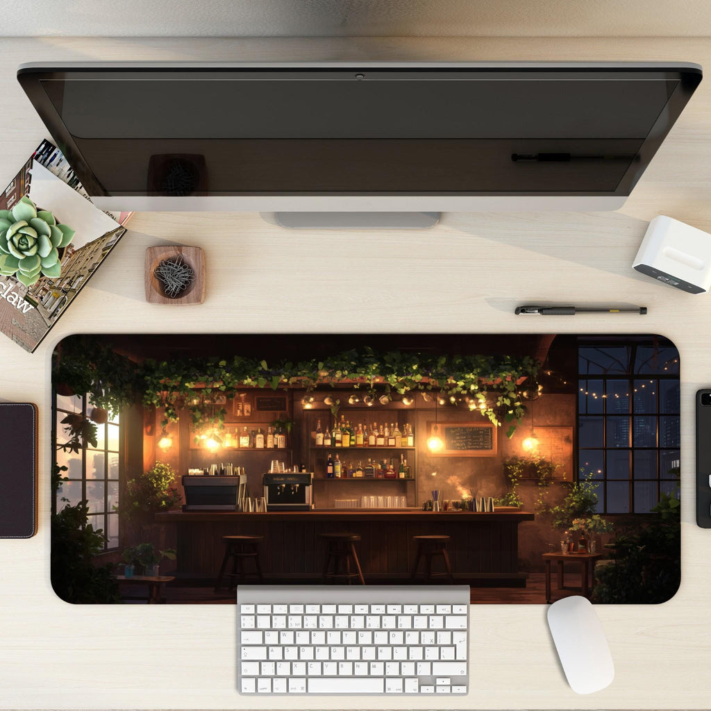 Cozy Bar Desk Mat | Nostalgic Lofi Cafe Mouse Pad, Garden Nighscape Decor