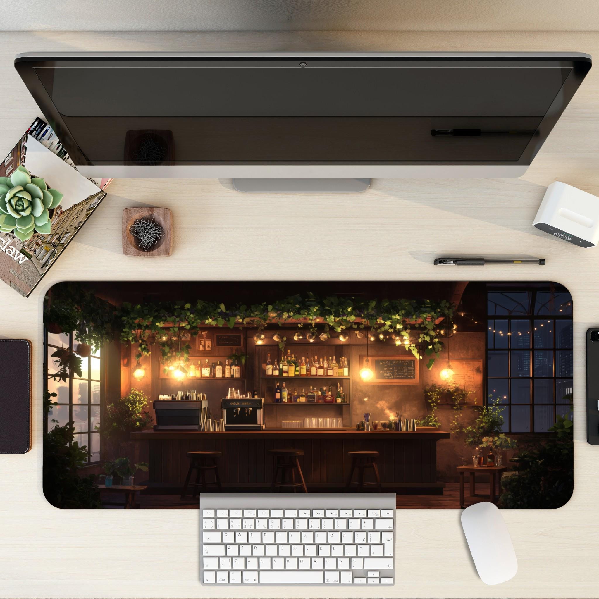 Cozy Bar Desk Mat | Nostalgic Lofi Cafe Mouse Pad, Garden Nighscape Decor
