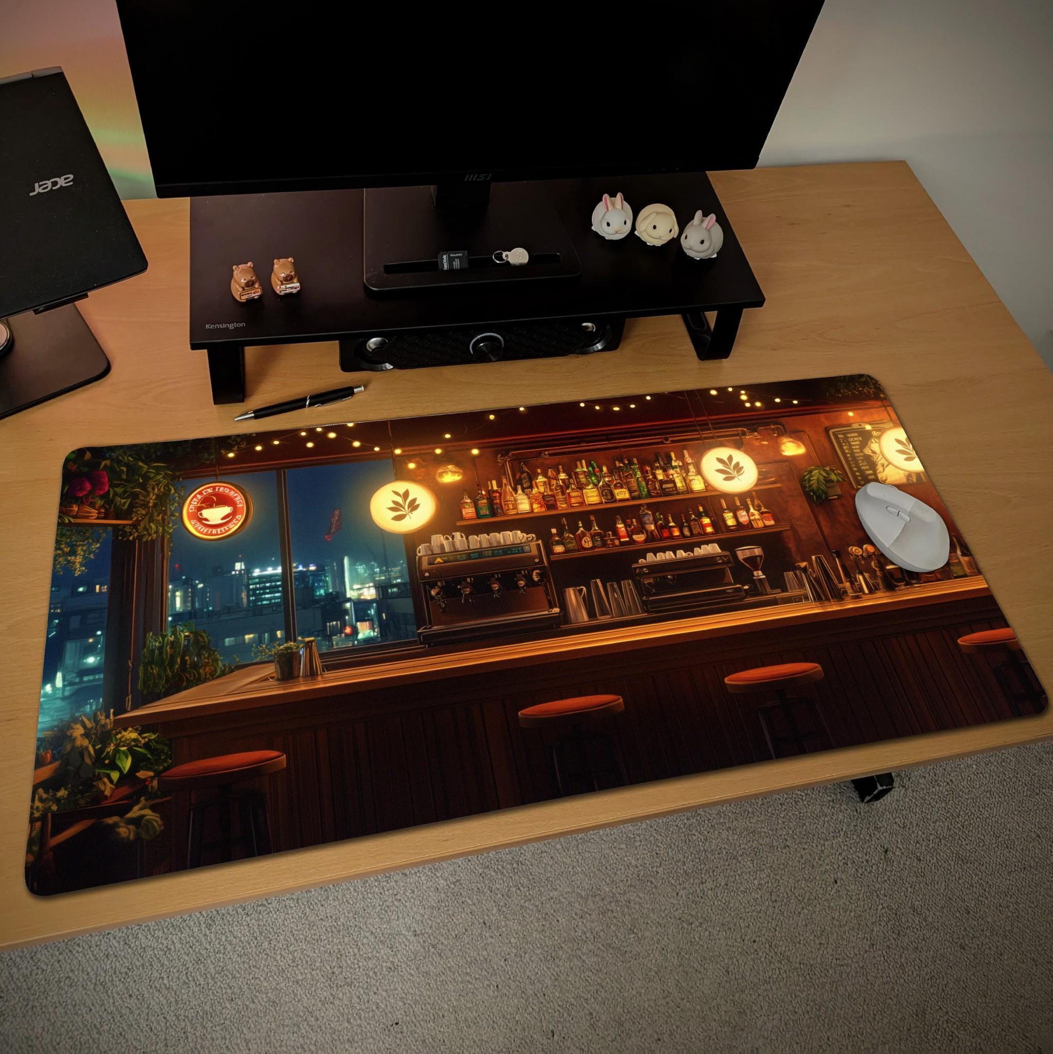 Night City Cafe Bar Desk Mat – Aesthetic Coffee Bar Mouse Pad, Cozy Cityscape Desk Pad for Gaming, Work, and Home Office Setup