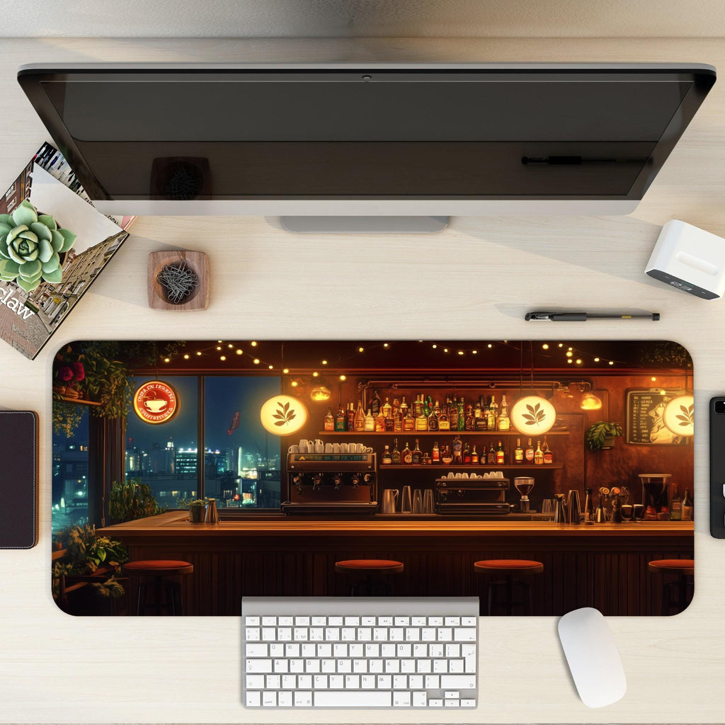 Night City Cafe Bar Desk Mat – Aesthetic Coffee Bar Mouse Pad, Cozy Cityscape Desk Pad for Gaming, Work, and Home Office Setup