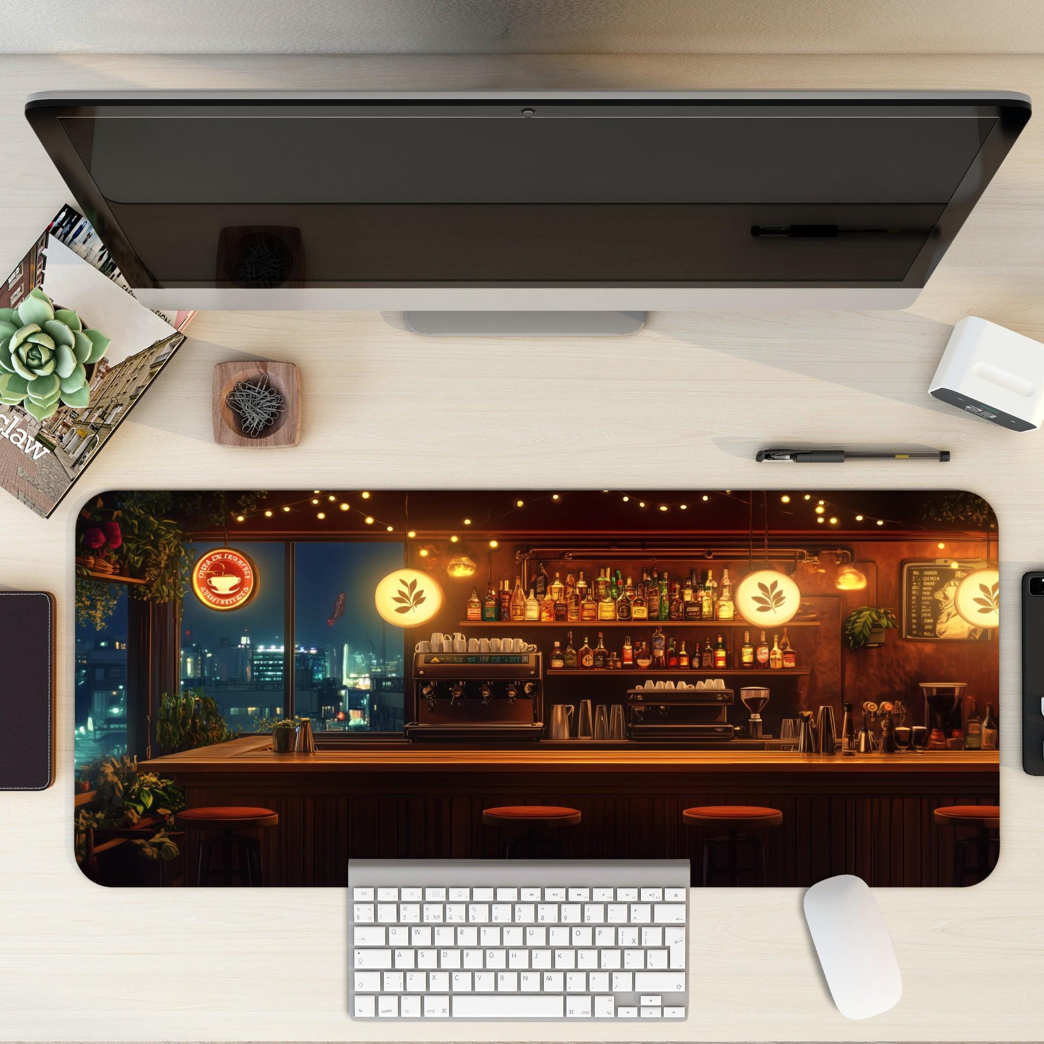 Night City Cafe Bar Desk Mat – Aesthetic Coffee Bar Mouse Pad, Cozy Cityscape Desk Pad for Gaming, Work, and Home Office Setup