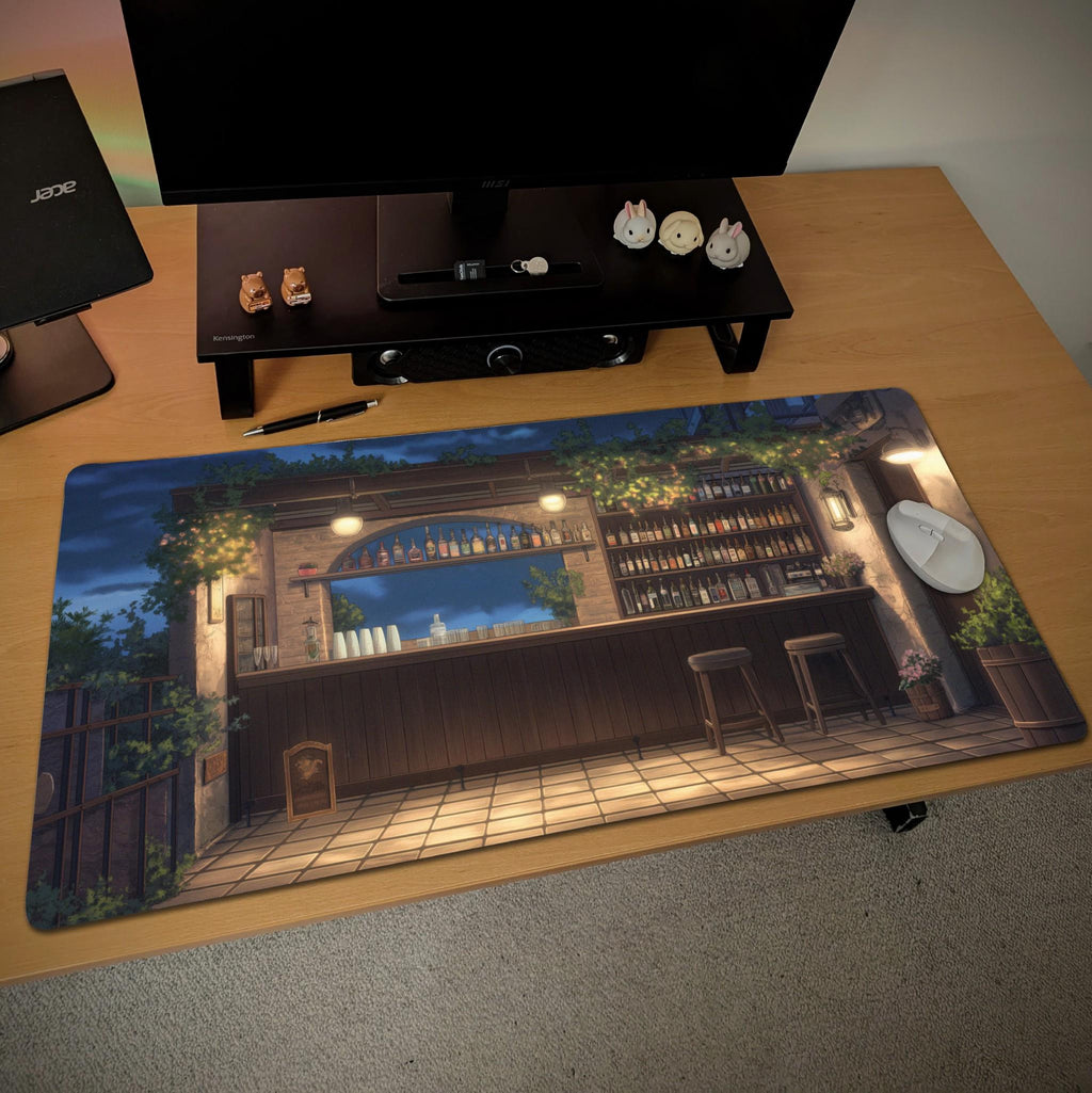 Lofi Garden Bar Desk Mat – Cozy Night Terrace Mouse Pad, Japanese Anime Aesthetic Desk Pad for Gaming, Work Space