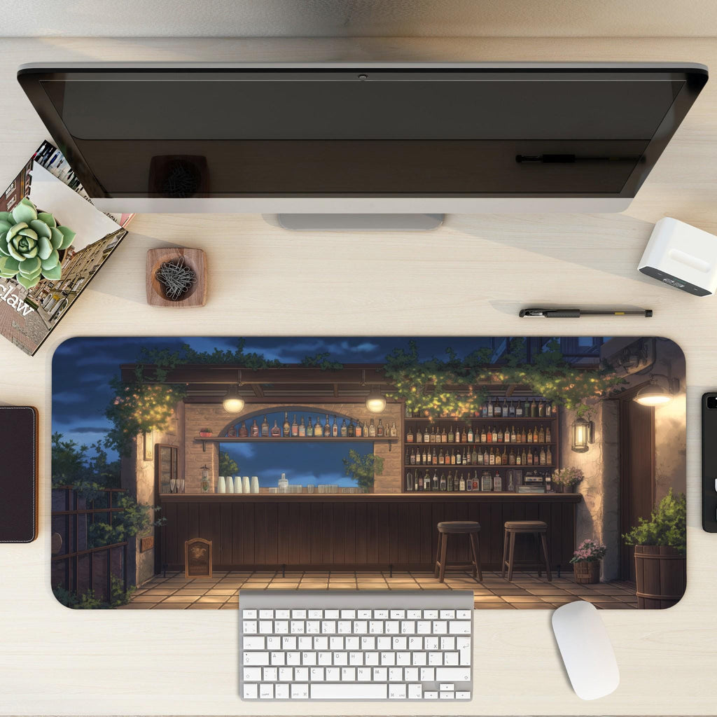 Lofi Garden Bar Desk Mat – Cozy Night Terrace Mouse Pad, Japanese Anime Aesthetic Desk Pad for Gaming, Work Space