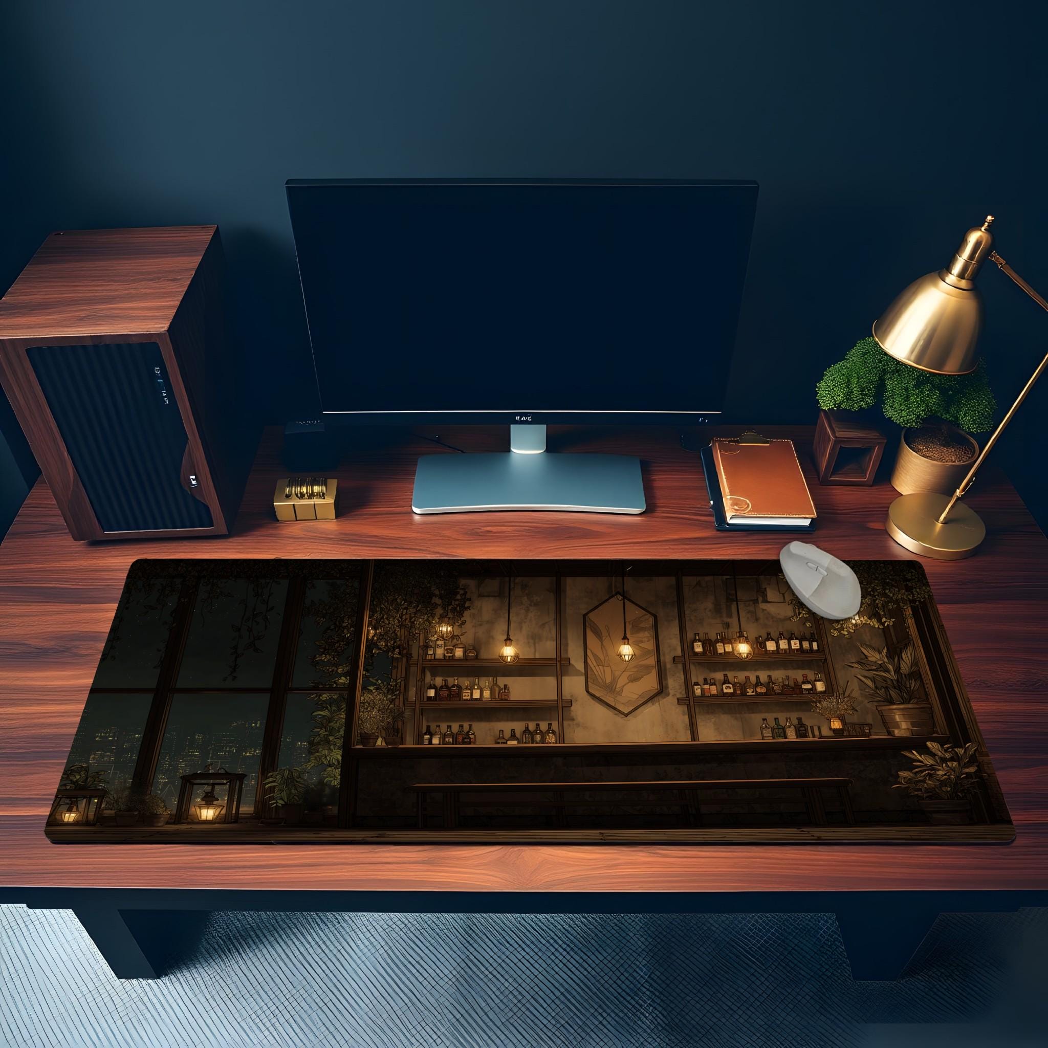 Moody Rooftop Bar Desk Mat | Cozy Night City View Mouse Pad, Japanese Anime Aesthetic Desk Pad for Home Office, Workspace and Gaming Gift