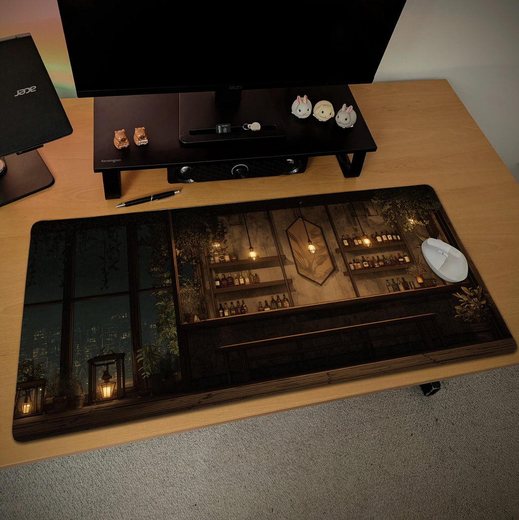 Moody Rooftop Bar Desk Mat | Cozy Night City View Mouse Pad, Japanese Anime Aesthetic Desk Pad for Home Office, Workspace and Gaming Gift
