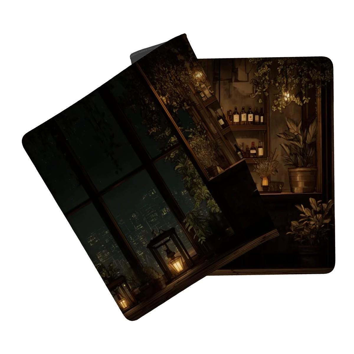 Moody Rooftop Bar Desk Mat | Cozy Night City View Mouse Pad, Japanese Anime Aesthetic Desk Pad for Home Office, Workspace and Gaming Gift