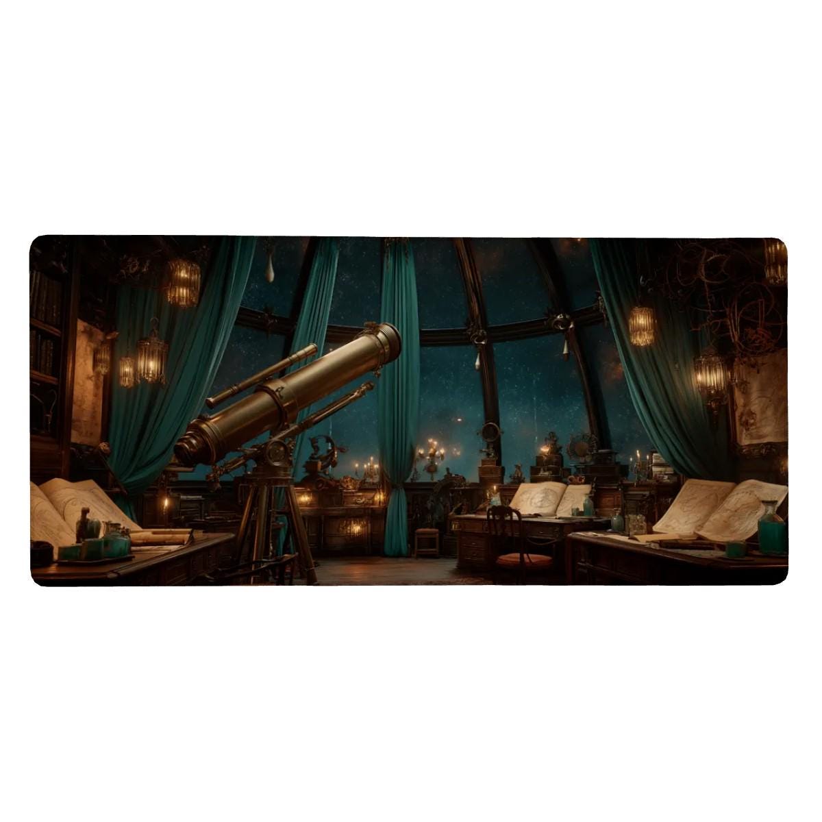 Green Celestial Desk Mat | Large Mouse Pad | Telescope Steampunk Fantasy Mouse Pad for Cozy Aesthetic Desk Decor