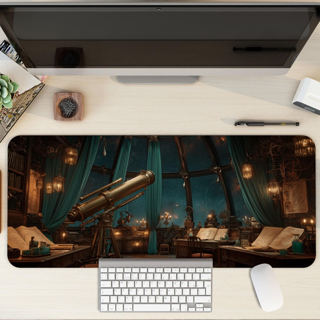 Green Celestial Desk Mat | Large Mouse Pad | Telescope Steampunk Fantasy Mouse Pad for Cozy Aesthetic Desk Decor