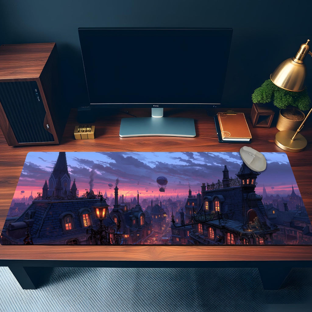 Gaslamp Fantasy City Skyline Desk Mat | Victorian Rooftop Mouse Pad | Large Steampunk Desk Pad