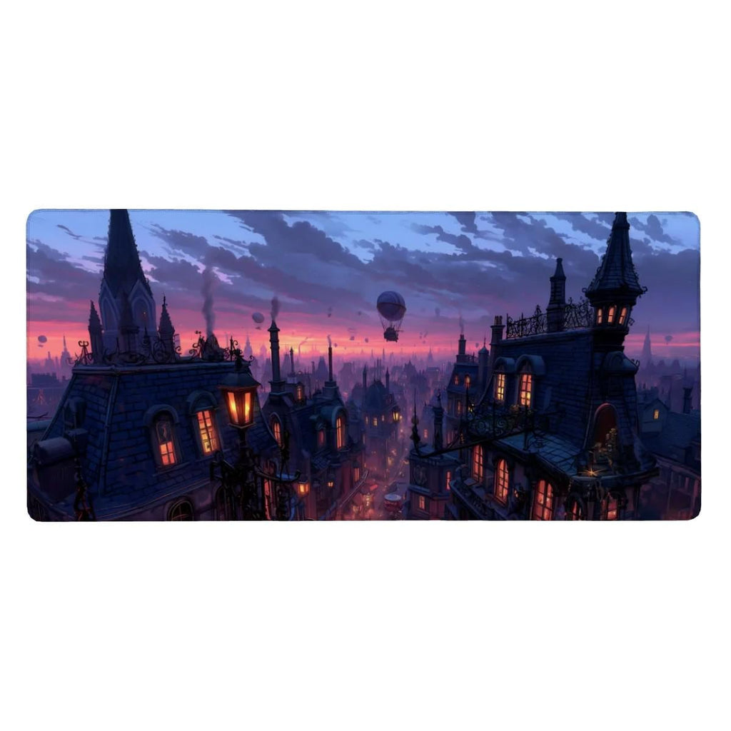 Gaslamp Fantasy City Skyline Desk Mat | Victorian Rooftop Mouse Pad | Large Steampunk Desk Pad