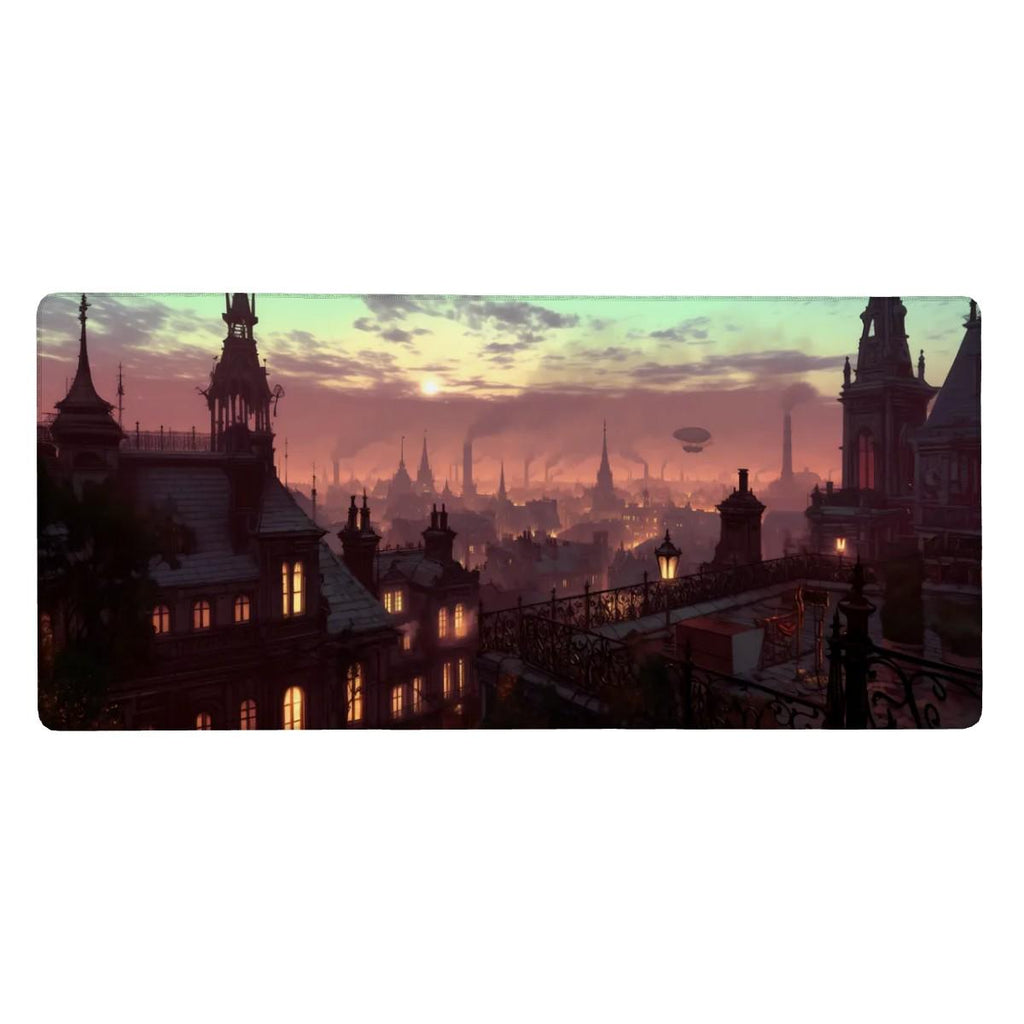 Fantasy Skyline Mouse Pad | Large Rooftop Desk Mat | Steampunk Cityscape Desk Pad for Gamers, TCG and RPG theme