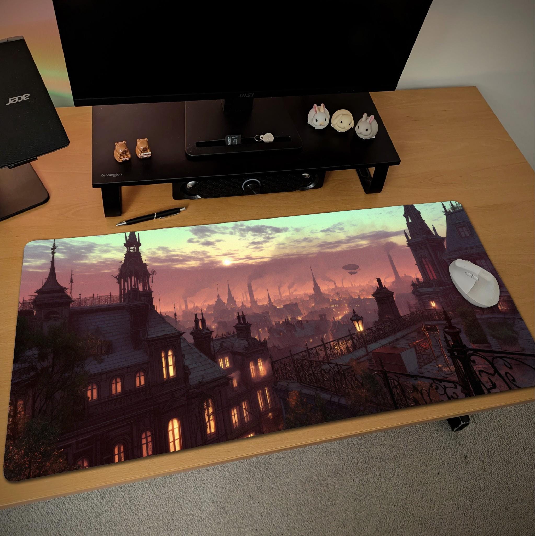 Fantasy Skyline Mouse Pad | Large Rooftop Desk Mat | Steampunk Cityscape Desk Pad for Gamers, TCG and RPG theme