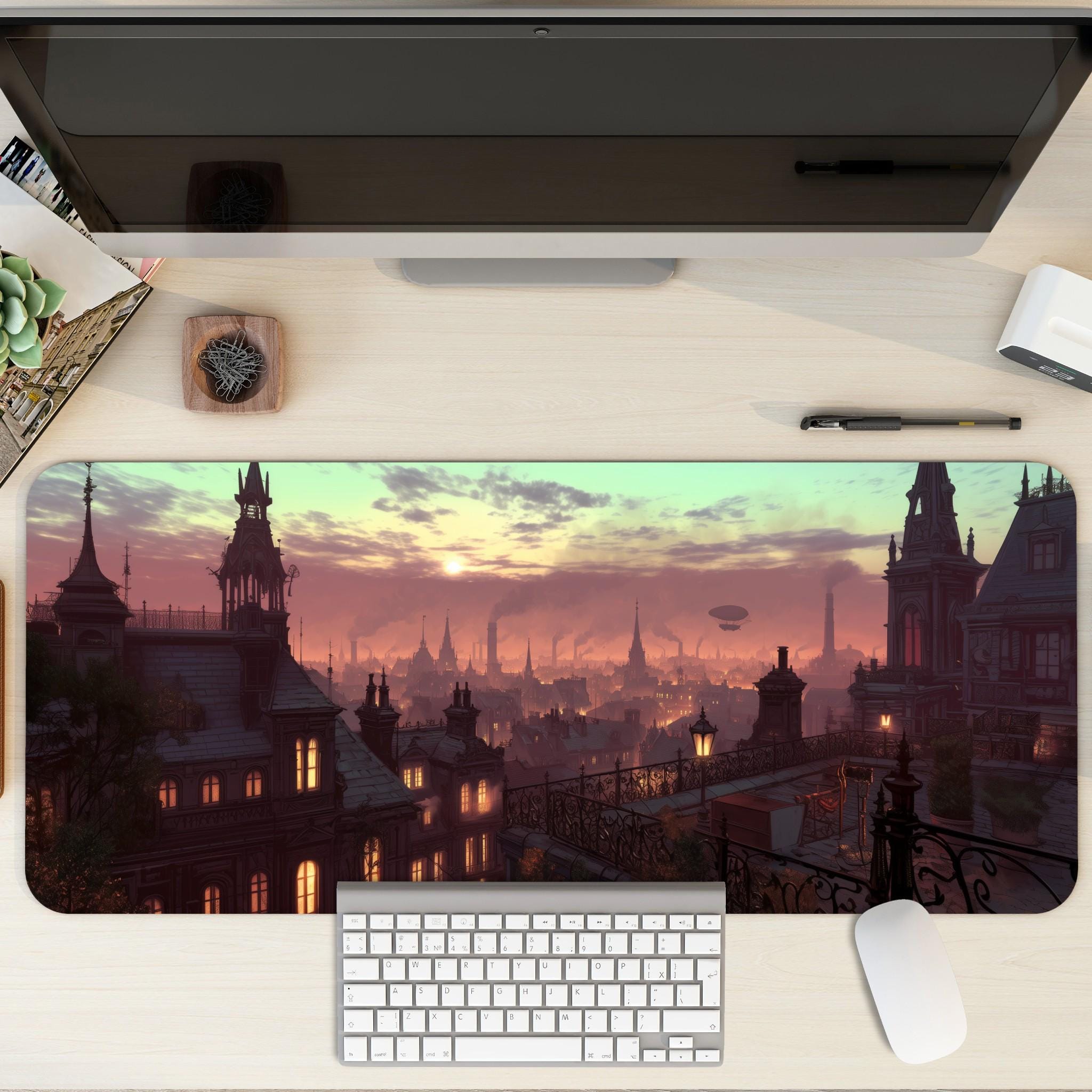 Fantasy Skyline Mouse Pad | Large Rooftop Desk Mat | Steampunk Cityscape Desk Pad for Gamers, TCG and RPG theme
