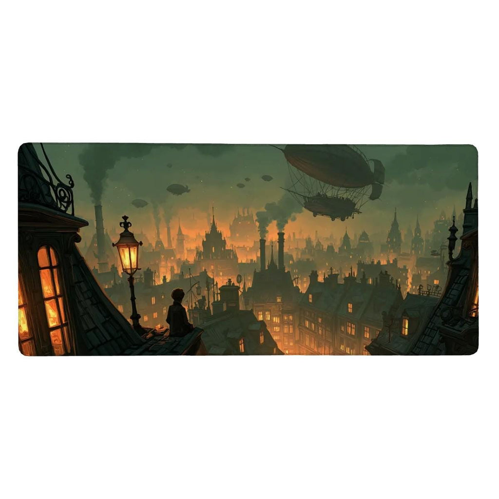 Fantasy City Skyline Desk Mat | Victorian Rooftops, Airships | Moody Steampunk Urban Landscape | Cinematic Dark Academia Desk Decor