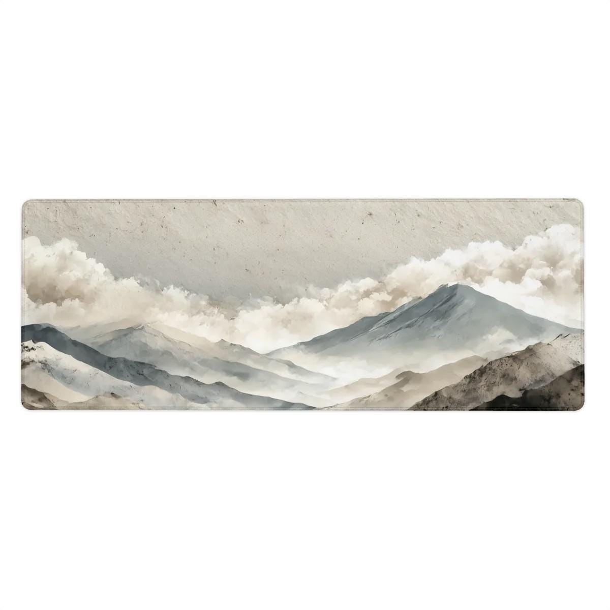 Japanese Mountain Desk Mat | Large XL Minimalist Mouse Pad | Soft Beige Grey Ink Landscape Art Desk Pad