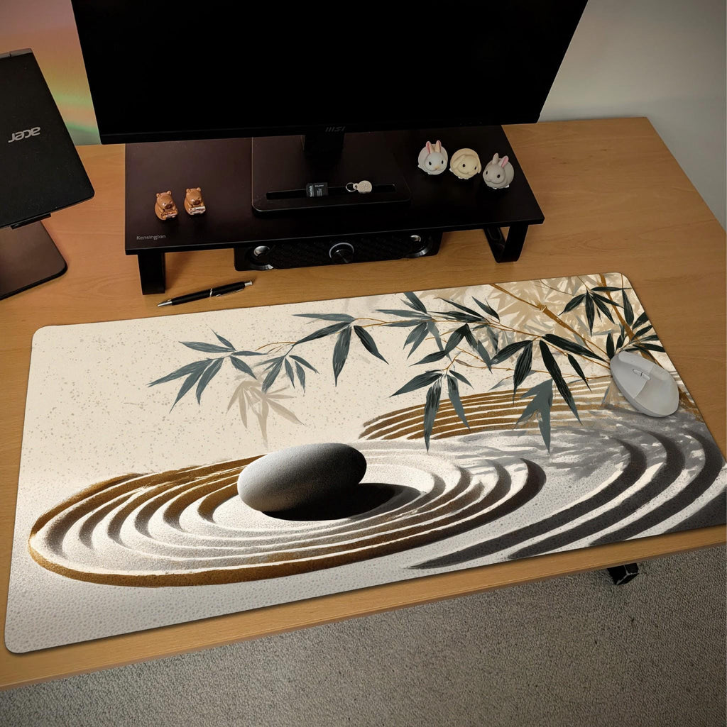 Japanese Zen Garden Desk Mat | Bamboo Decor, Serene Japanese Minimalist Design | Cozy Art Workspace