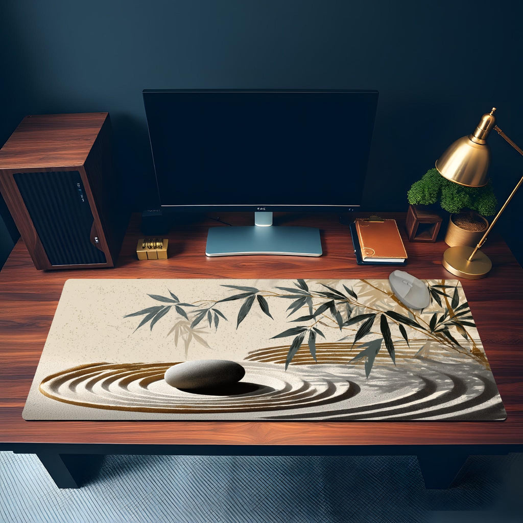 Japanese Zen Garden Desk Mat | Bamboo Decor, Serene Japanese Minimalist Design | Cozy Art Workspace