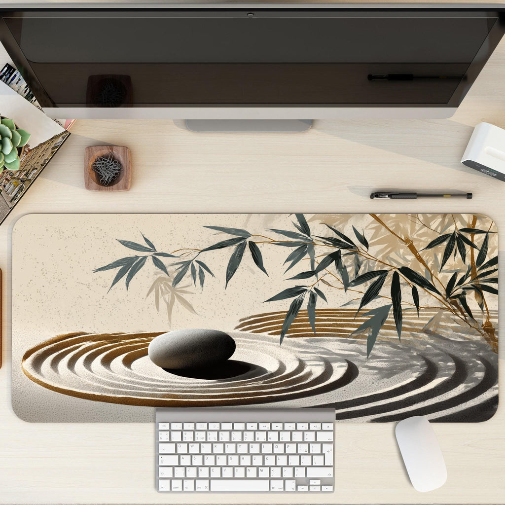Japanese Zen Garden Desk Mat | Bamboo Decor, Serene Japanese Minimalist Design | Cozy Art Workspace